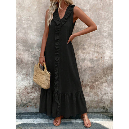 Women's Elegant Casual Summer Dress - V-Neck Sleeveless Ruffled Vacation Long Dress With Pleated Hem - My Store
