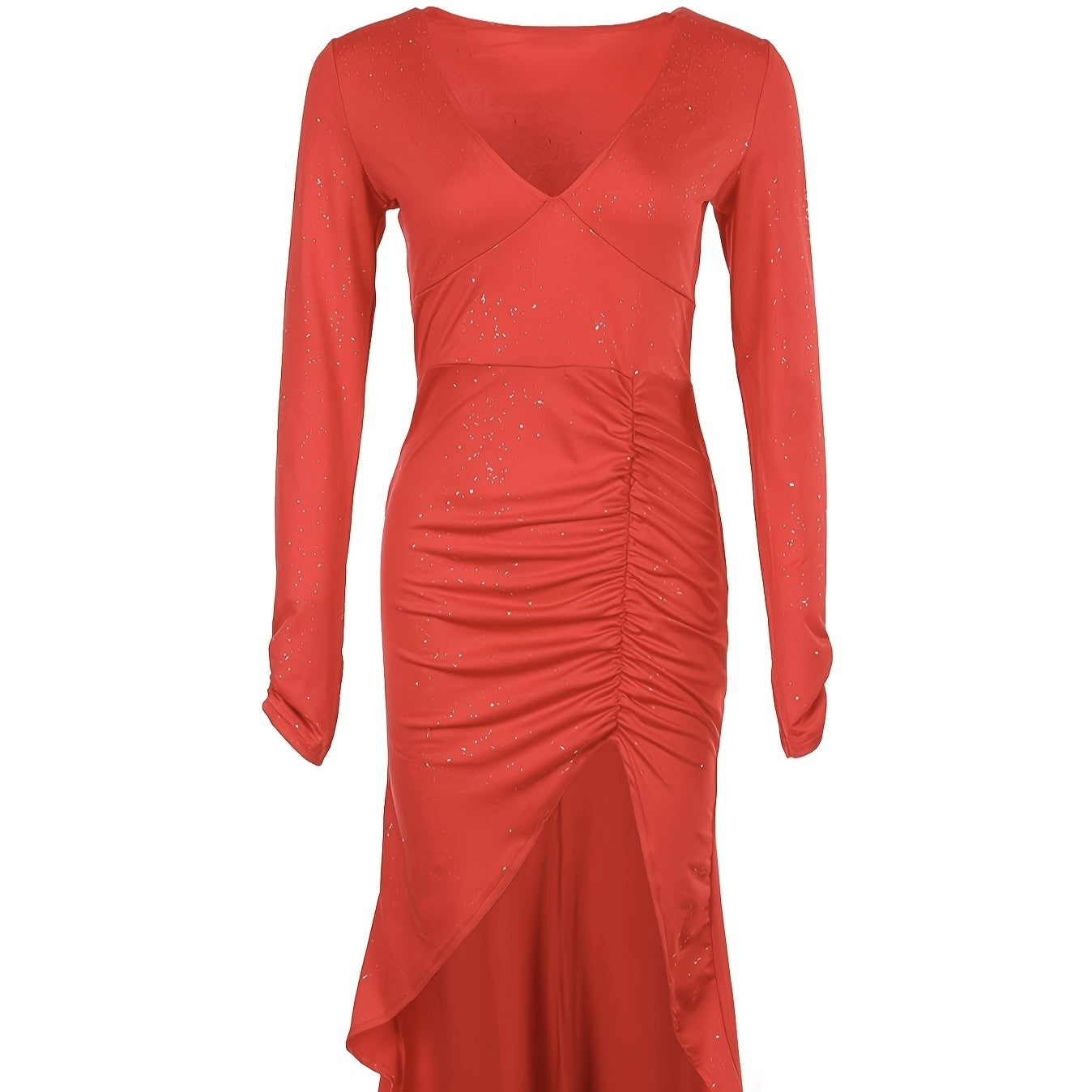 Ladies' V-neck Slim Fit Slit Fashionable Slimming Sexy Irregular Long Sleeved Mid Length Dress - My Store