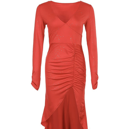 Ladies' V-neck Slim Fit Slit Fashionable Slimming Sexy Irregular Long Sleeved Mid Length Dress - My Store