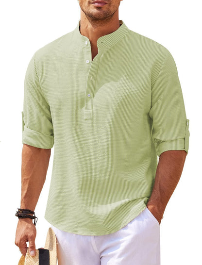 Men's Casual Shirt Long Sleeve Stand Collar Solid Color Shirt Mens Clothing - My Store
