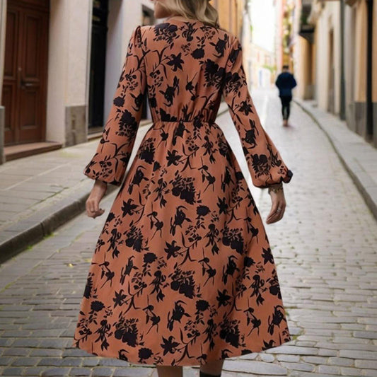 Women's V-Neck Long Sleeve Boho Maxi Dress Floral Print Cuffed Sleeves With Hem Side Slit & Waist A-Line Beach Vacation Dress - My Store