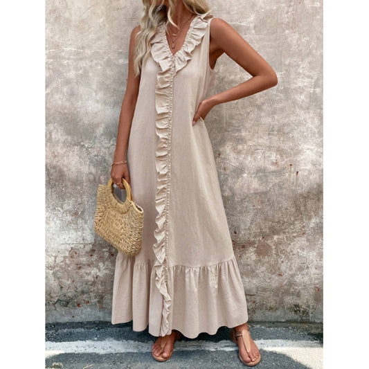 Women's Elegant Casual Summer Dress - V-Neck Sleeveless Ruffled Vacation Long Dress With Pleated Hem - My Store