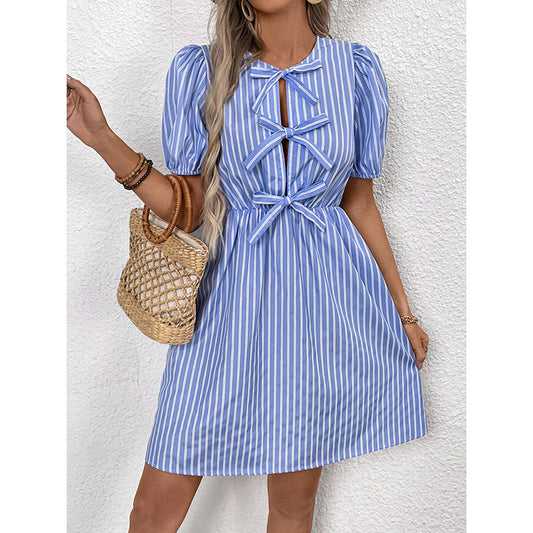 Women's Striped Tie Front Puff Sleeve Summer Casual Mini Dresses Loose Flowy Sundress - My Store