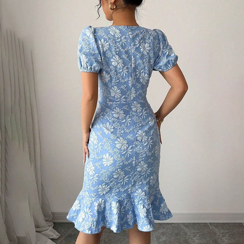 Women's Floral Jacquard Dress Women's Short Puff Sleeve Crew Neck Ruffle Hem Bodycon Dresses - My Store