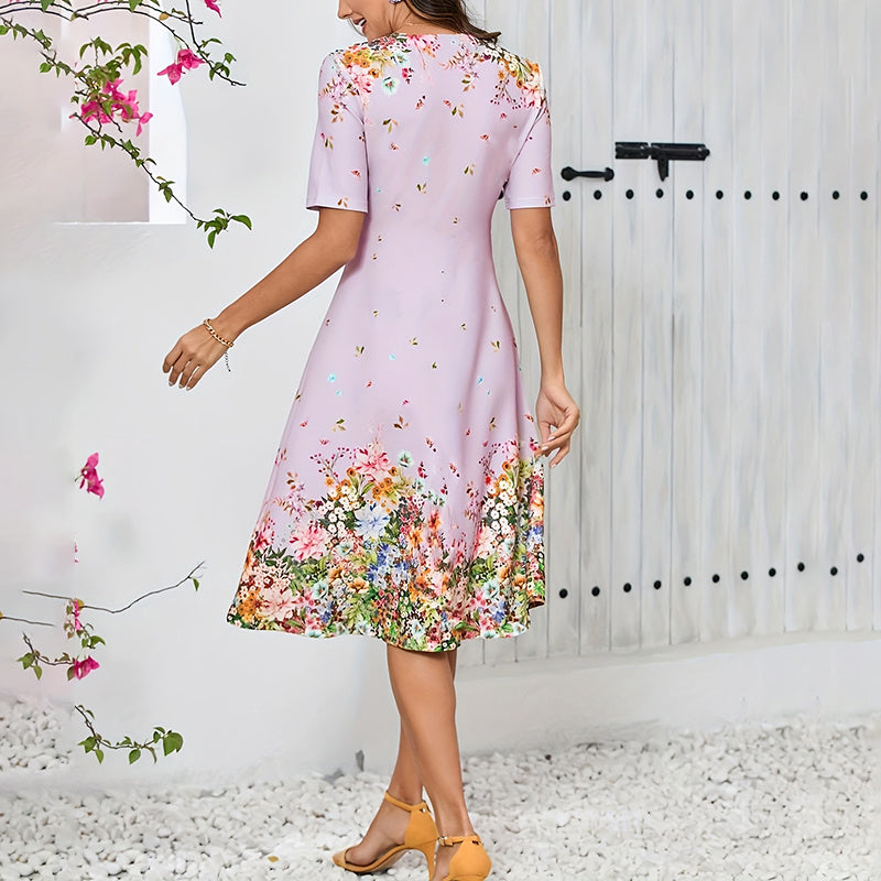 Women's Summer Short Sleeve Casual Dresses Sweet Cute V-Neck Floral Sundresses - My Store