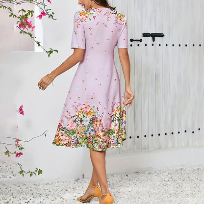 Women's Summer Short Sleeve Casual Dresses Sweet Cute V-Neck Floral Sundresses - My Store