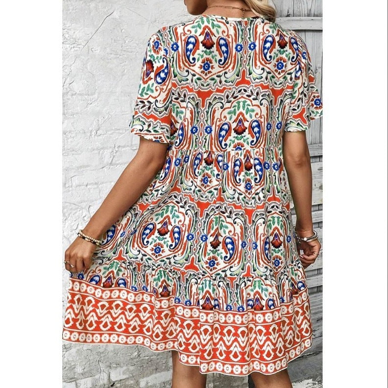 Women Casual Summer Dress Boho Drawstring V Neck Short Sleeve Floral Print Flowy Beach Dress - My Store