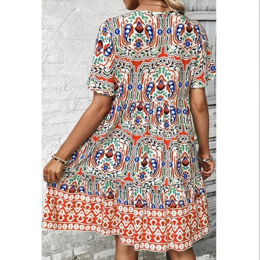 Women Casual Summer Dress Boho Drawstring V Neck Short Sleeve Floral Print Flowy Beach Dress - My Store