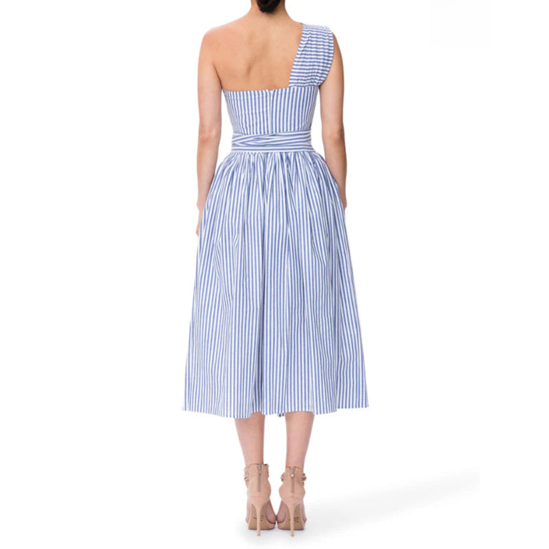 Women's Summer One Shoulder Striped Midi Dress Elegant Tie Waist Bodycon Dresses With Pockets - My Store