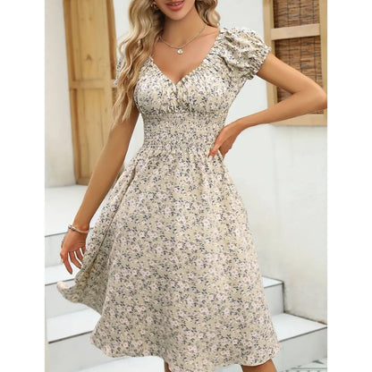 Women's Floral Summer Dress Casual Short Sleeve Ruffle Flowy Midi Sundress Boho Beach Vacation Dress - My Store