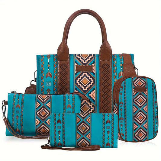 4Pcs Women's Purse Tote, Retro Work Satchel Lightweight, Boho Chic Tote Everyday Green - My Store
