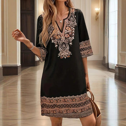 Women's V-Neck Middle Eastern Style Floral Print Midi Dress - Elegant Sleeve Design Lightweight Perfect For Spring&Summer Vacation & Daily Wear - My Store