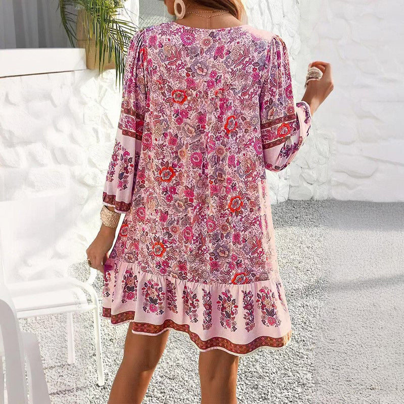 Women's Elegant V-Neck Fringe Bow Floral Print Dress Long Sleeve Comfortable Spring&Summer Dress - My Store