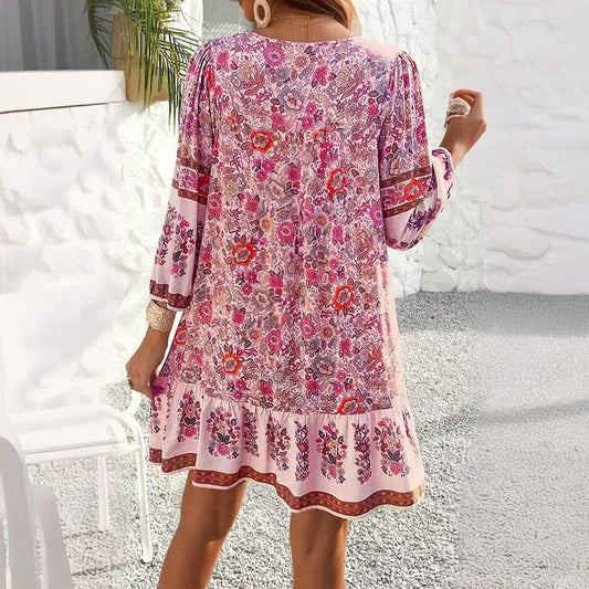 Women's Elegant V-Neck Fringe Bow Floral Print Dress Long Sleeve Comfortable Spring&Summer Dress - My Store