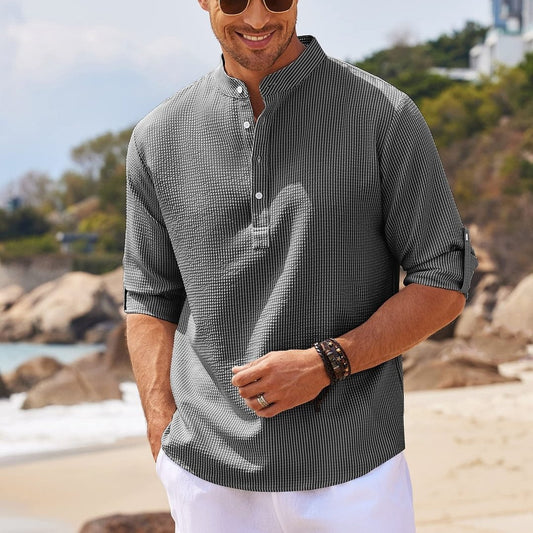 Men's Casual Shirt Long Sleeve Stand Collar Solid Color Shirt Mens Clothing - My Store