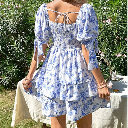 Women's Puff Sleeve Square Neck Smocked Dress Boho Floral Print Off Shoulder Ruffle Mini Short Dress - My Store