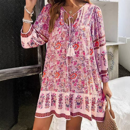 Women's Elegant V-Neck Fringe Bow Floral Print Dress Long Sleeve Comfortable Spring&Summer Dress - My Store