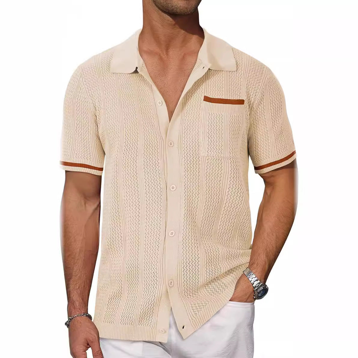 Short-sleeved Shirt Pocket Hollow Breathable Cool Summer Men's Casual Jacket Cardigan - My Store