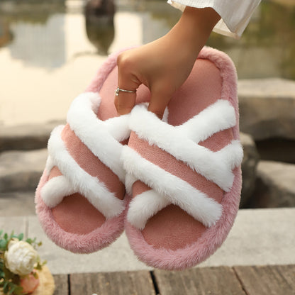 Fluffy Slippers Cross Strap Stitching Warm Casual Platform Slippers - My Store