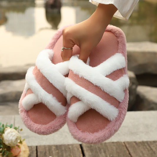 Fluffy Slippers Cross Strap Stitching Warm Casual Platform Slippers - My Store