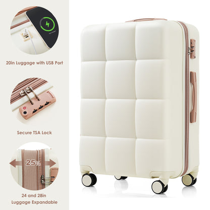 4-piece Suitcase Set With USB Port, Expandable ABS Durable Suitcase With Travel Bag, Cup Holder, With Spinner Wheels, Beige - My Store