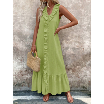 Women's Elegant Casual Summer Dress - V-Neck Sleeveless Ruffled Vacation Long Dress With Pleated Hem - My Store