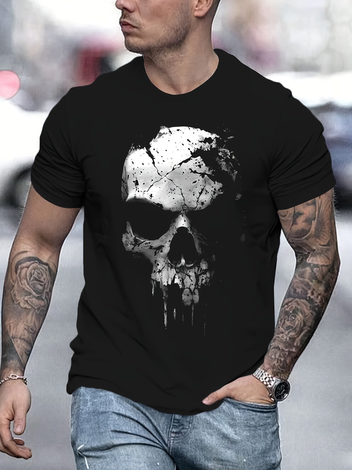 A Novel And Cool Top For Men To Wear Outdoors In Summer, Featuring A 3D Digital Shattered Skull Pattern And A Round Neck Short Sleeved T-shirt - My Store
