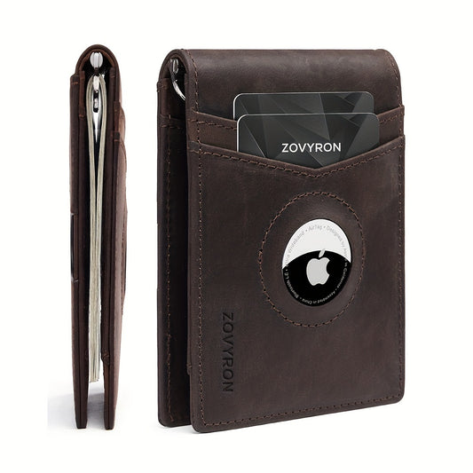 Mens Wallet Genuine Leather Slim Bifold Wallet With Airtag Holder, RFID Blocking, Front Pocket Wallet With Money Clip,ID Window Credit Card Holder - My Store