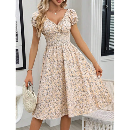 Women's Floral Summer Dress Casual Short Sleeve Ruffle Flowy Midi Sundress Boho Beach Vacation Dress - My Store