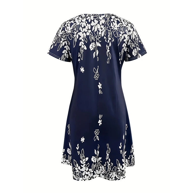 Women's Summer Boho Dress Vintage Floral Print Short Sleeve T-Shirt Sundress Beach Casual Dress - My Store