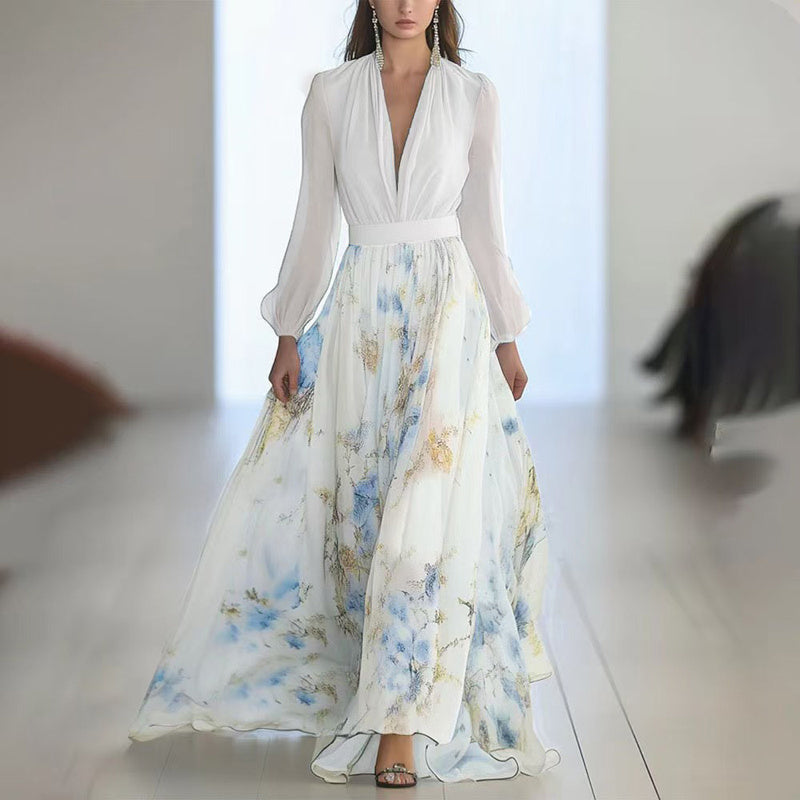 Women's Deep V-Neck Floral Print Boho Maxi Dress With Long Sleeves - A-Line Waist Ruffle Hem Dress For Spring&Summer Vacation - My Store
