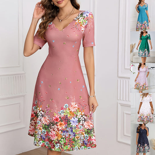 Women's Summer Short Sleeve Casual Dresses Sweet Cute V-Neck Floral Sundresses - My Store