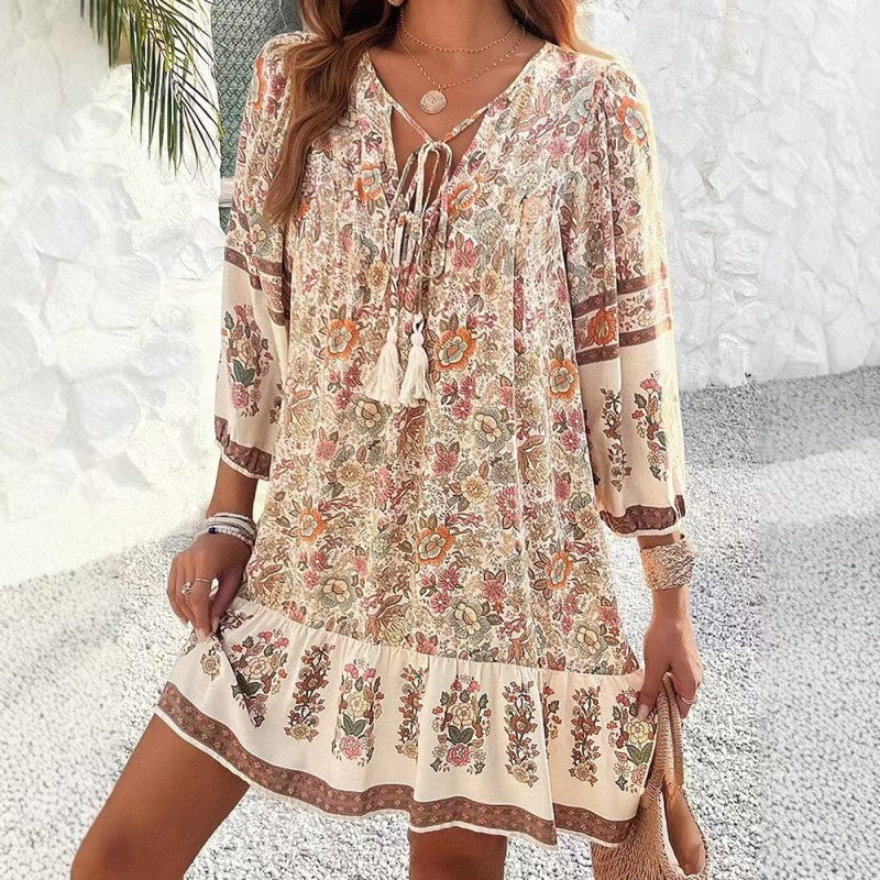 Women's Elegant V-Neck Fringe Bow Floral Print Dress Long Sleeve Comfortable Spring&Summer Dress - My Store