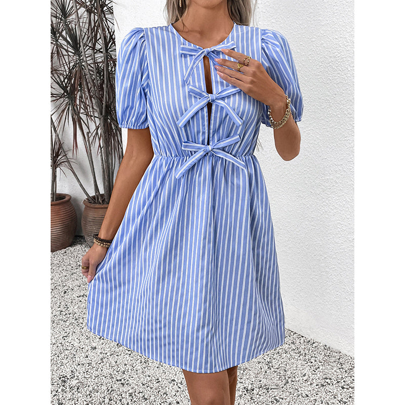 Women's Striped Tie Front Puff Sleeve Summer Casual Mini Dresses Loose Flowy Sundress - My Store