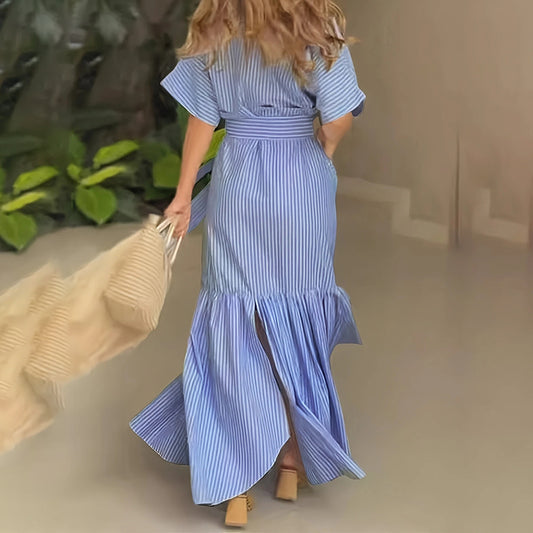 Women's Summer Casual Striped Button Down Maxi Dress Tie Waist Short Sleeve Shirt Dress With Pockets - My Store