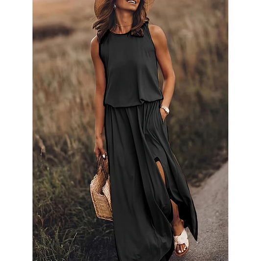 Women's Maxi Dress Summer Sleeveless Crewneck Sundress Casual Loose Long Dresses With Pockets - My Store