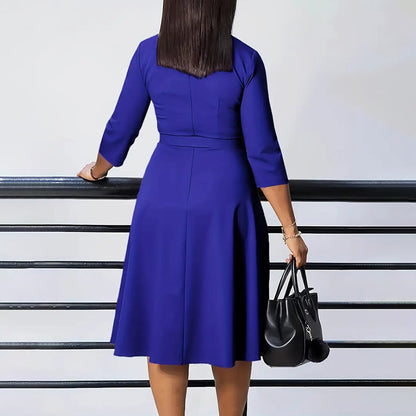Women's Elegant V-Neck Cross-Wrap A-Line Dress With Belt & Ruffled Hem - Office & Casual Solid Dress For Spring&Summer - My Store