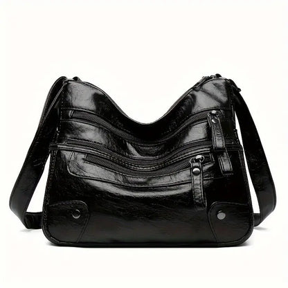 Women Shoulder Bag Large Capacity Washed Leather Messenger Bags Multi Zipper - My Store