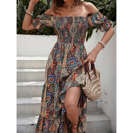 Women's Off The Shoulder Dresses Boho Flowy Smocked Maxi Sundress Beach Vacation Summer Dress - My Store