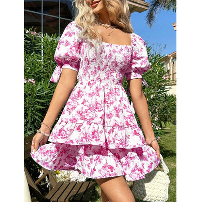 Women's Puff Sleeve Square Neck Smocked Dress Boho Floral Print Off Shoulder Ruffle Mini Short Dress - My Store