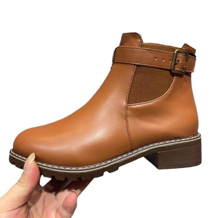 Belt Buckle Decoration Round Head Ankle Boots - My Store
