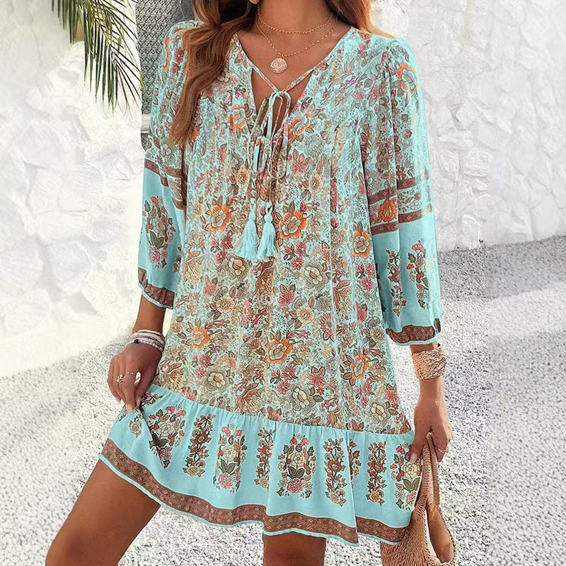 Women's Elegant V-Neck Fringe Bow Floral Print Dress Long Sleeve Comfortable Spring&Summer Dress - My Store