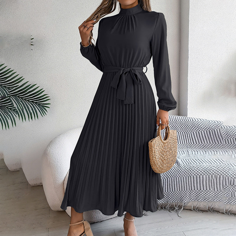 Elegant High Neck Long Sleeve Pleated Maxi Dress - Solid Color Flowy Dress For Women, Casual To Formal Wear - My Store