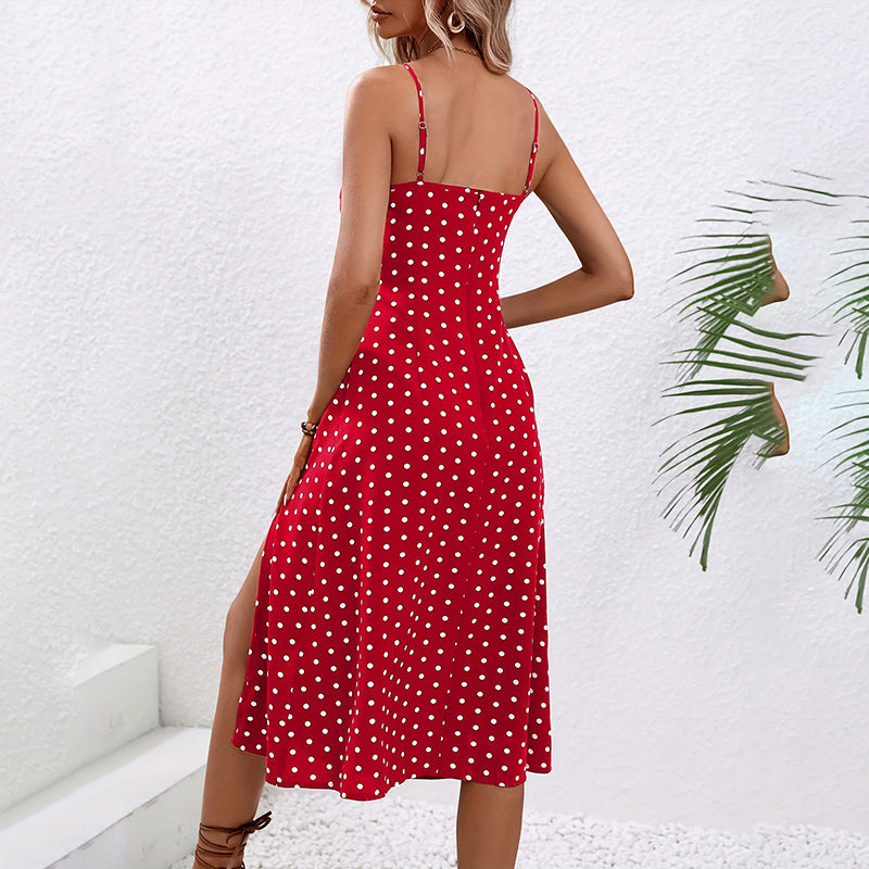 Women's Summer Casual Boho Sundress Polka Dot Sleeveless Spaghetti Strap Backless Side Slit Dresses - My Store