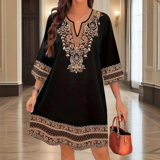 Women's V-Neck Middle Eastern Style Floral Print Midi Dress - Elegant Sleeve Design Lightweight Perfect For Spring&Summer Vacation & Daily Wear - My Store