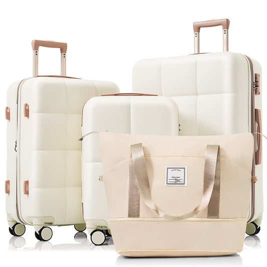 4-piece Suitcase Set With USB Port, Expandable ABS Durable Suitcase With Travel Bag, Cup Holder, With Spinner Wheels, Beige - My Store