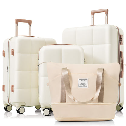 4-piece Suitcase Set With USB Port, Expandable ABS Durable Suitcase With Travel Bag, Cup Holder, With Spinner Wheels, Beige - My Store