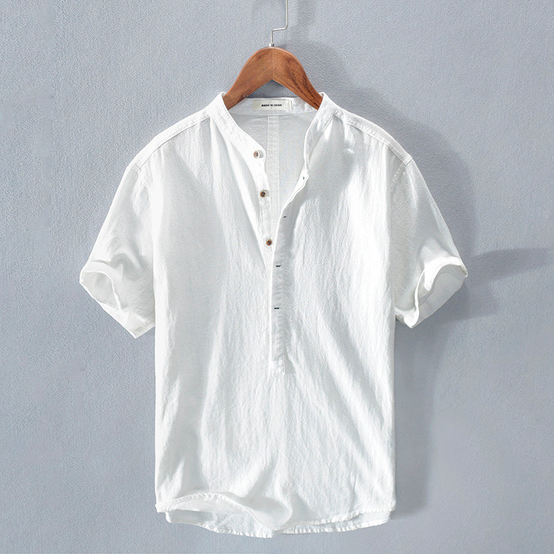 Men's Stand Collar Japanese Ice Silk Linen Short Sleeve T-shirt - My Store