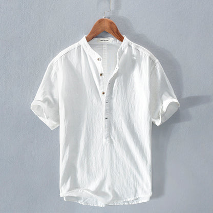 Men's Stand Collar Japanese Ice Silk Linen Short Sleeve T-shirt - My Store