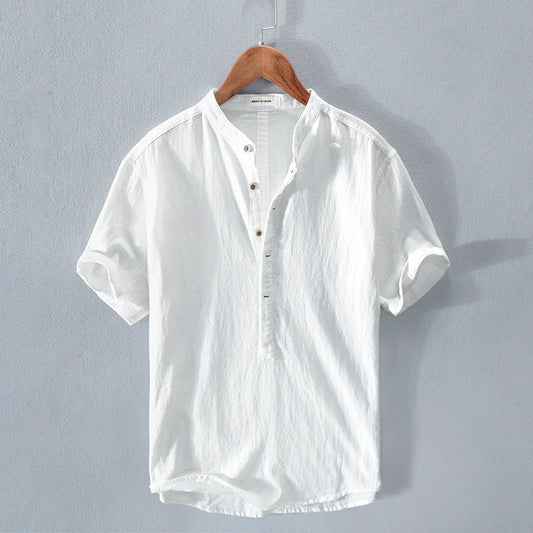 Men's Stand Collar Japanese Ice Silk Linen Short Sleeve T-shirt - My Store